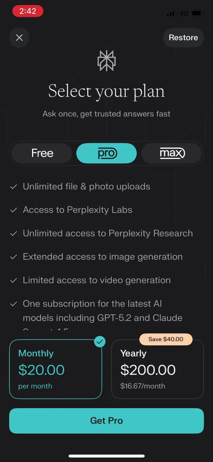 Perplexity - AI Search & Chat paywall screenshot