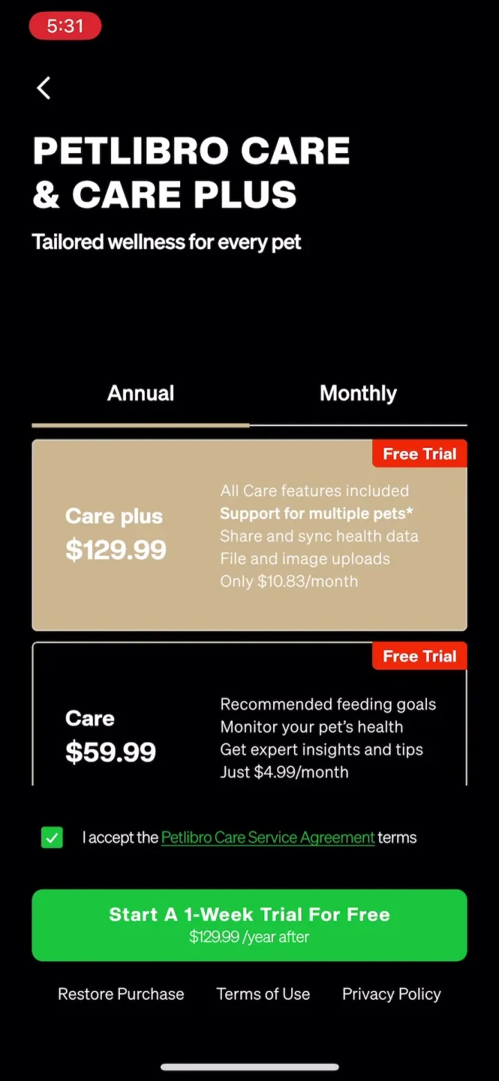 Petlibro paywall screenshot