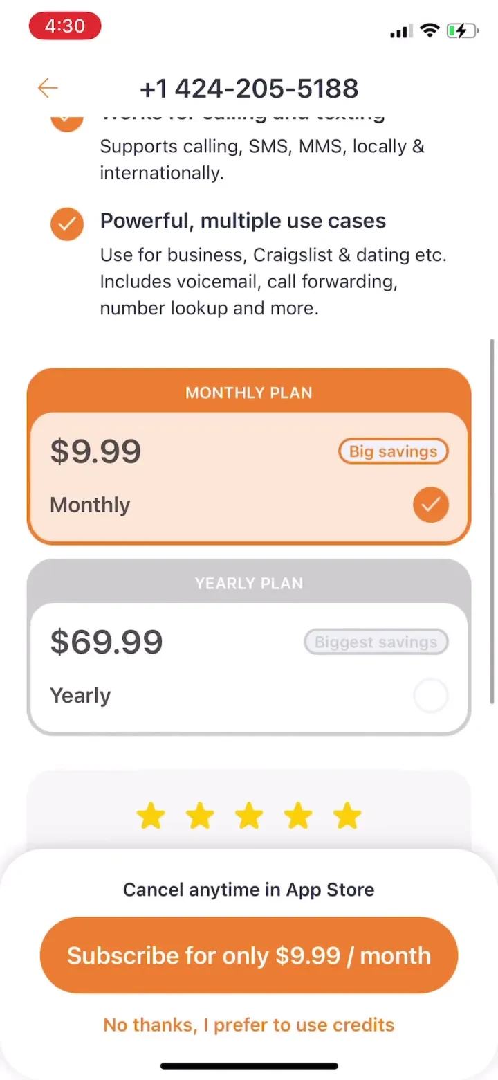 Phoner: Second Phone Number paywall screenshot
