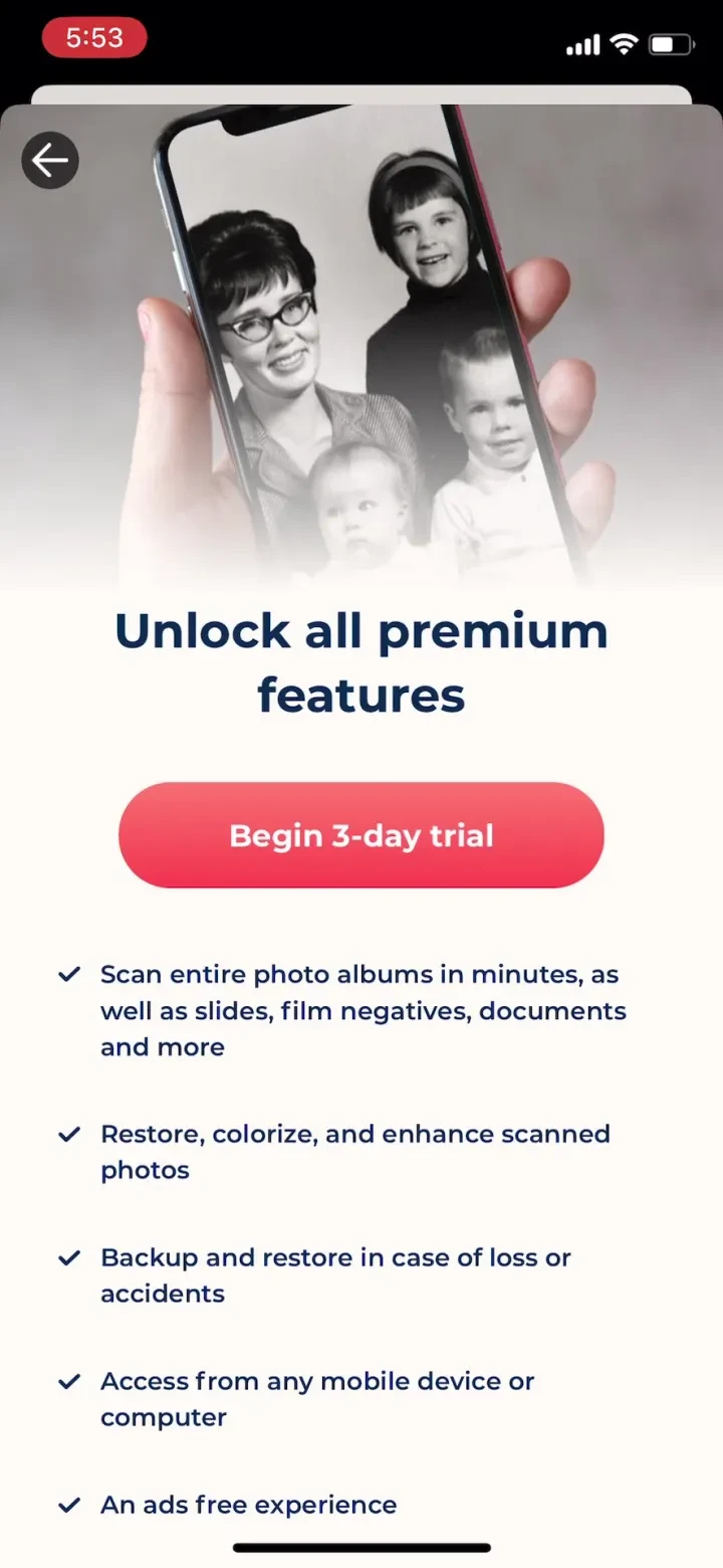 Photo Scan App by Photomyne paywall screenshot