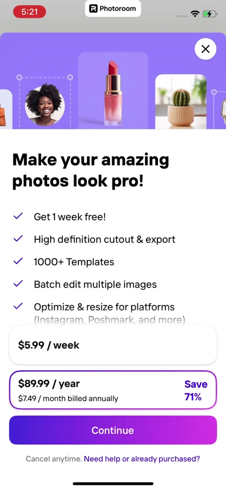 Photoroom: AI Photo Editor paywall screenshot