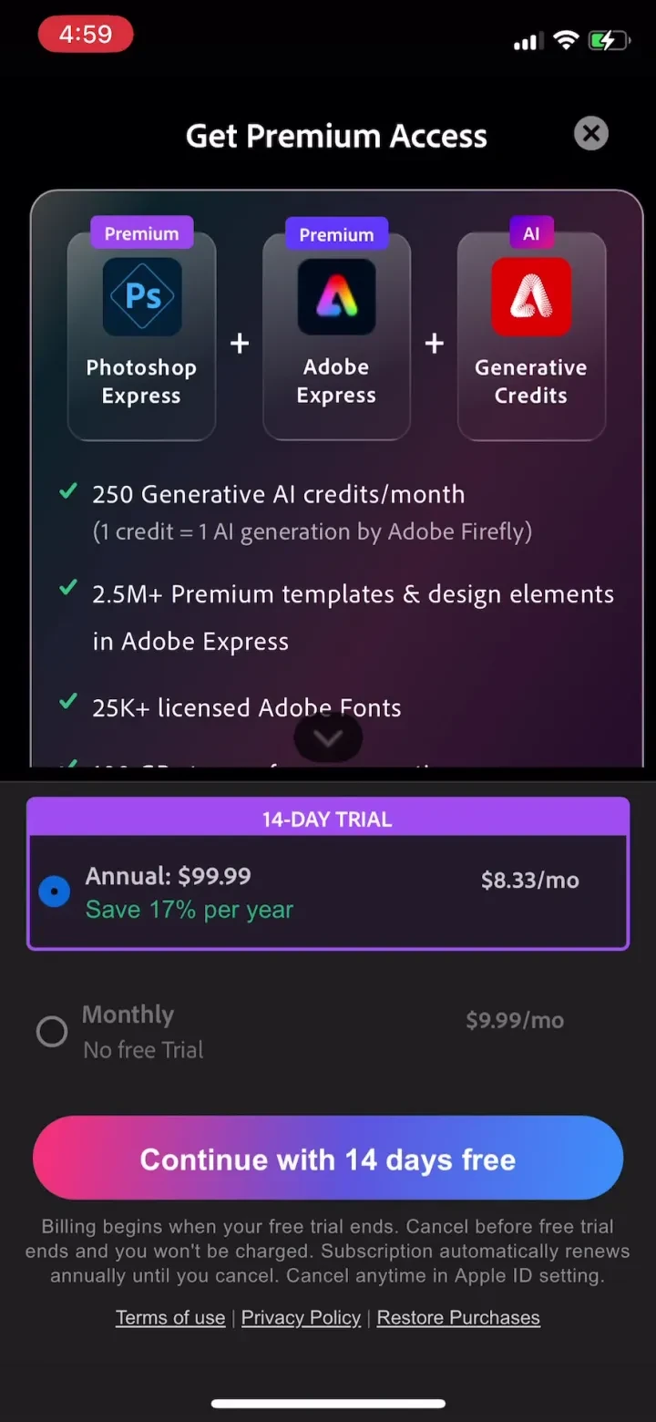 Photoshop Express Photo Editor paywall screenshot