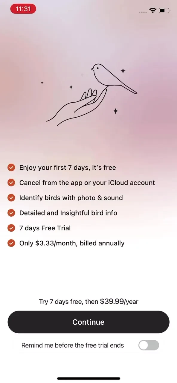 Picture Bird: Bird identifier paywall screenshot