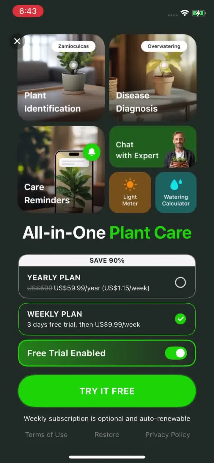 Plant Identifier & Care App paywall screenshot