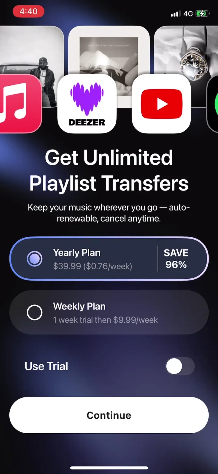 Playlist Transfer for My Music paywall screenshot