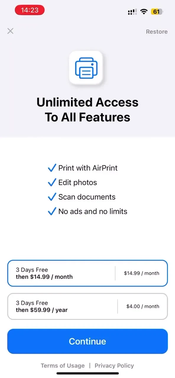 Printer app ® paywall screenshot
