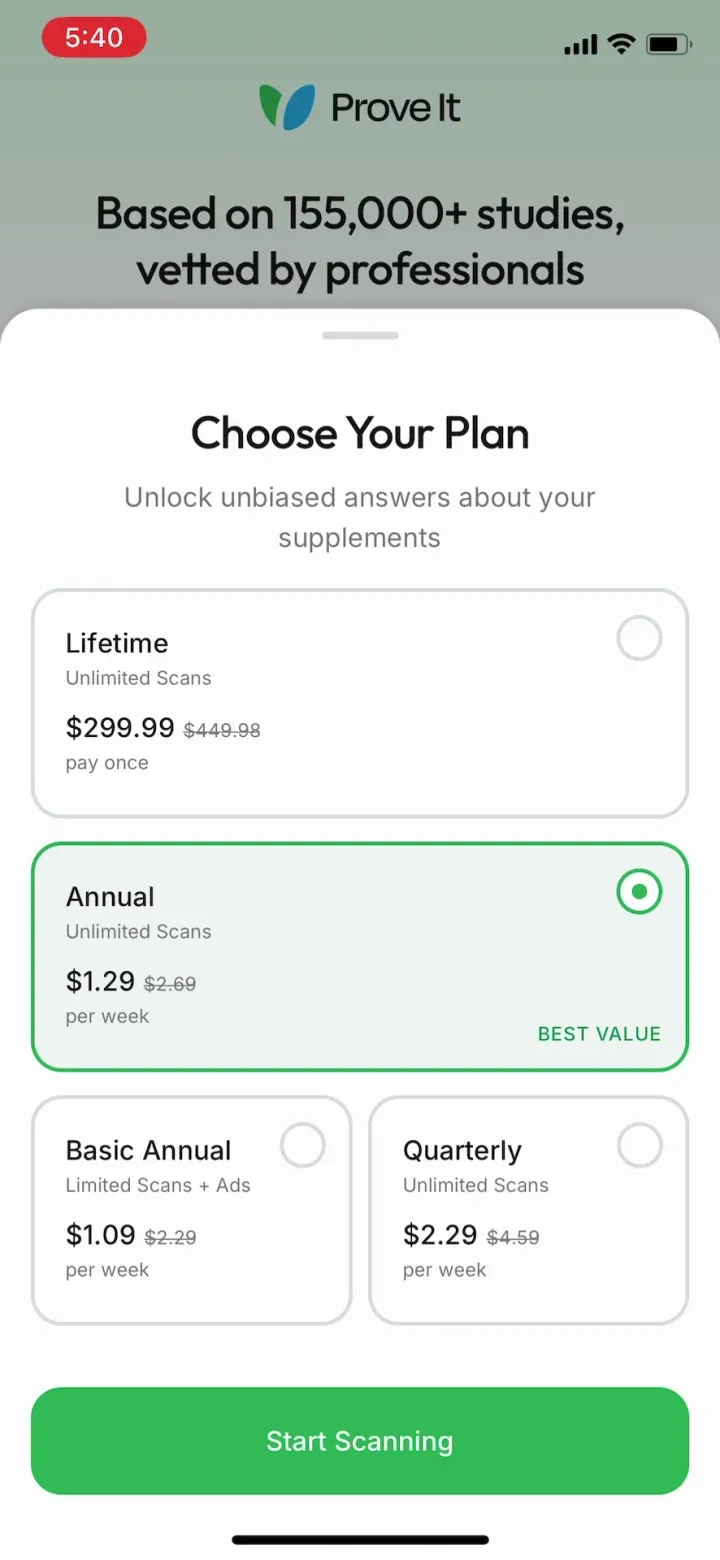 Prove It - Supplement Scanner paywall screenshot