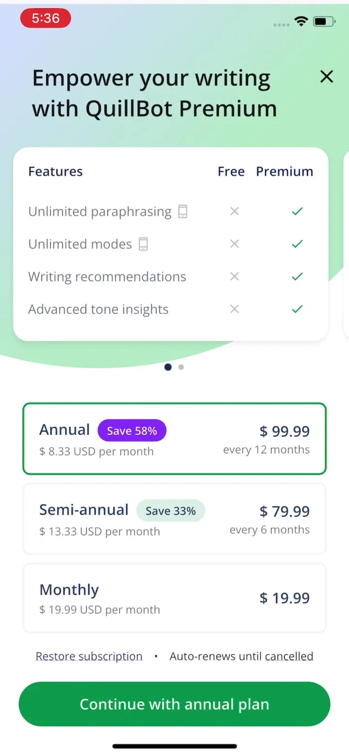 Quillbot-AI Writing & Keyboard paywall screenshot