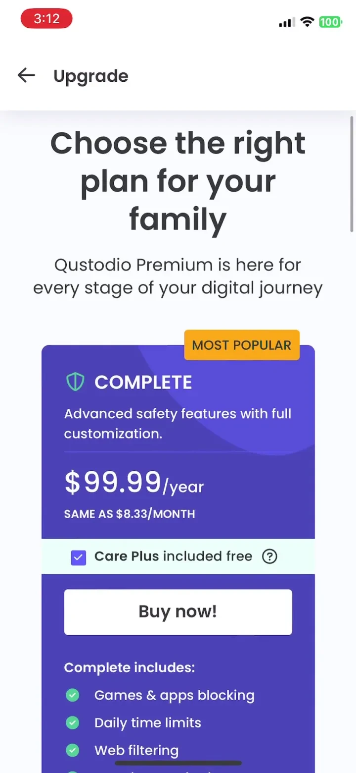 Qustodio Parental Control App paywall screenshot