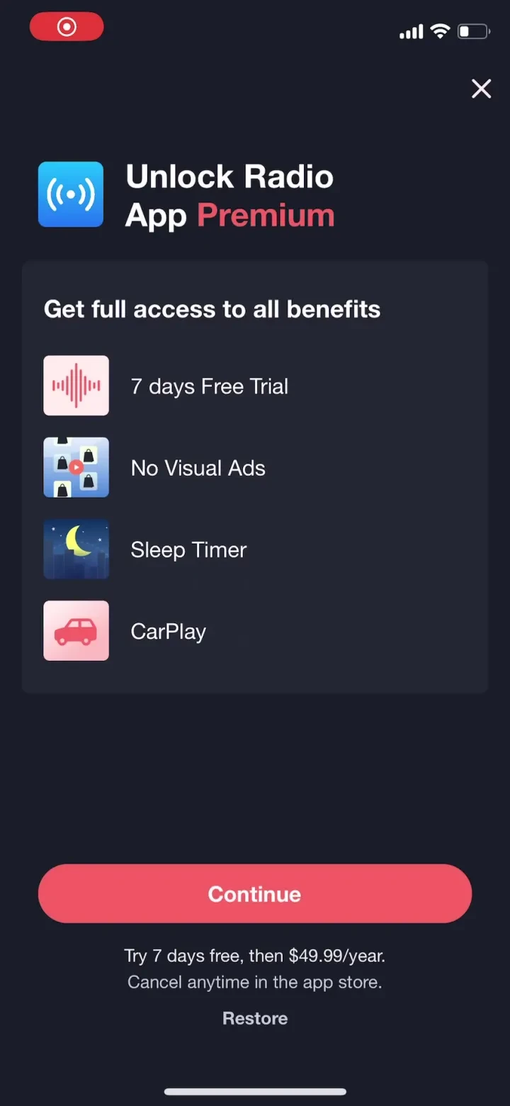 Radio‎‎ App paywall screenshot