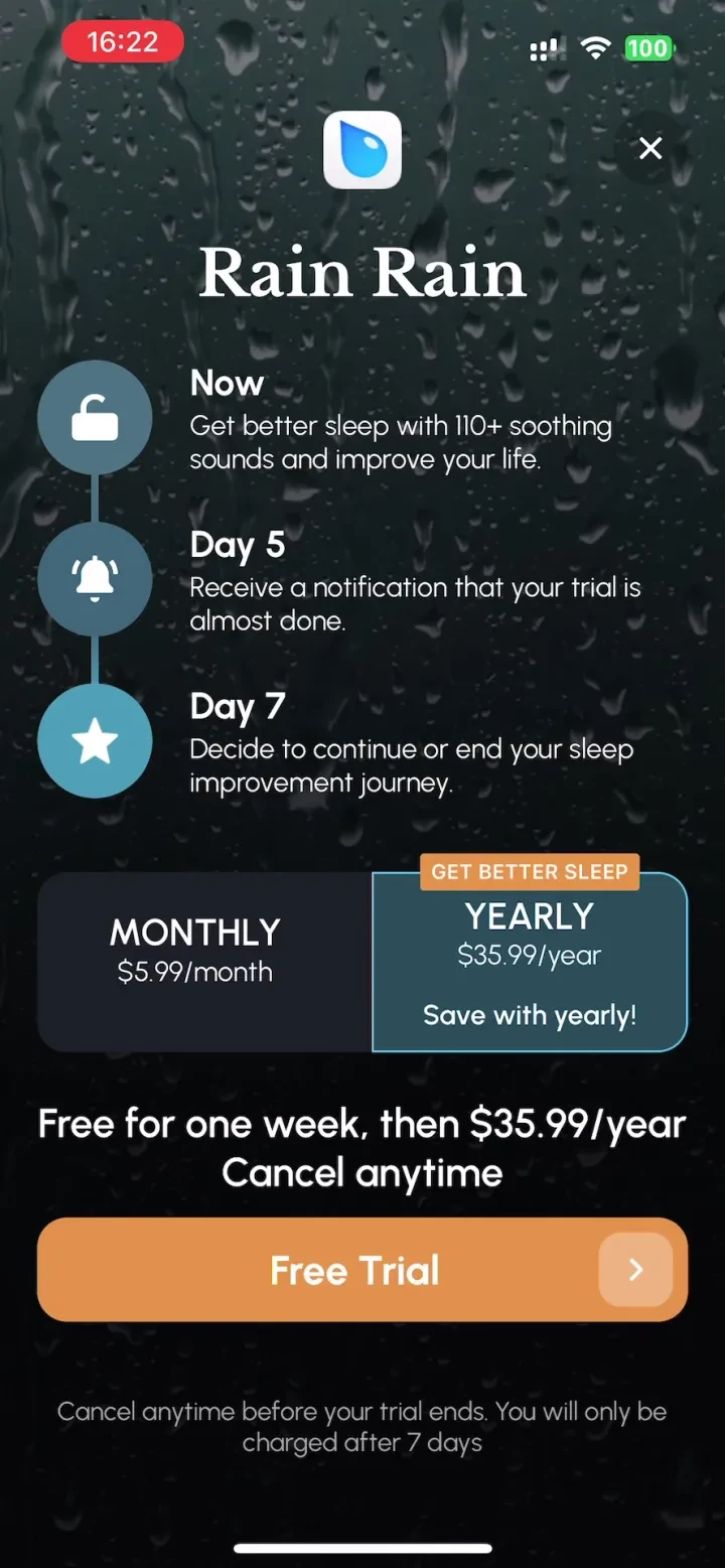 Rain Rain Sleep Sounds paywall screenshot