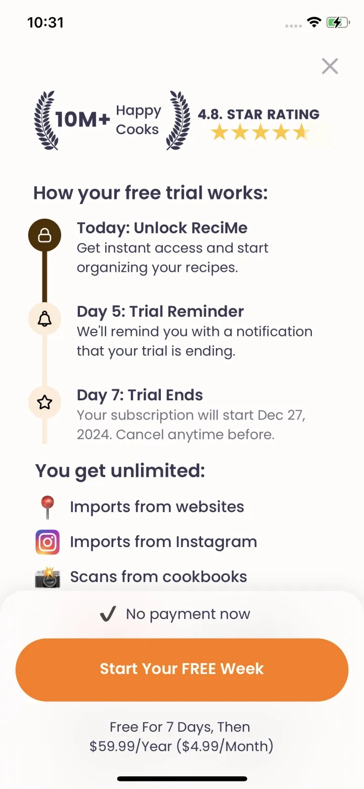 ReciMe: Recipes & Meal Planner paywall screenshot