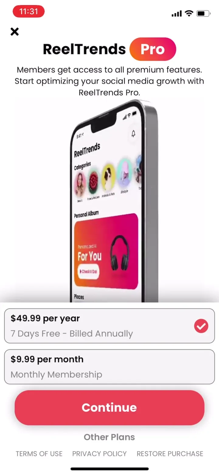 ReelTrends - AI Creator Tools paywall screenshot