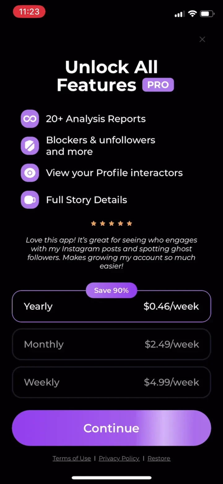 Reports+ for Followers Tracker paywall screenshot