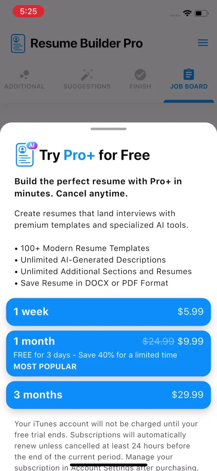 Resume Builder Pro with AI paywall screenshot