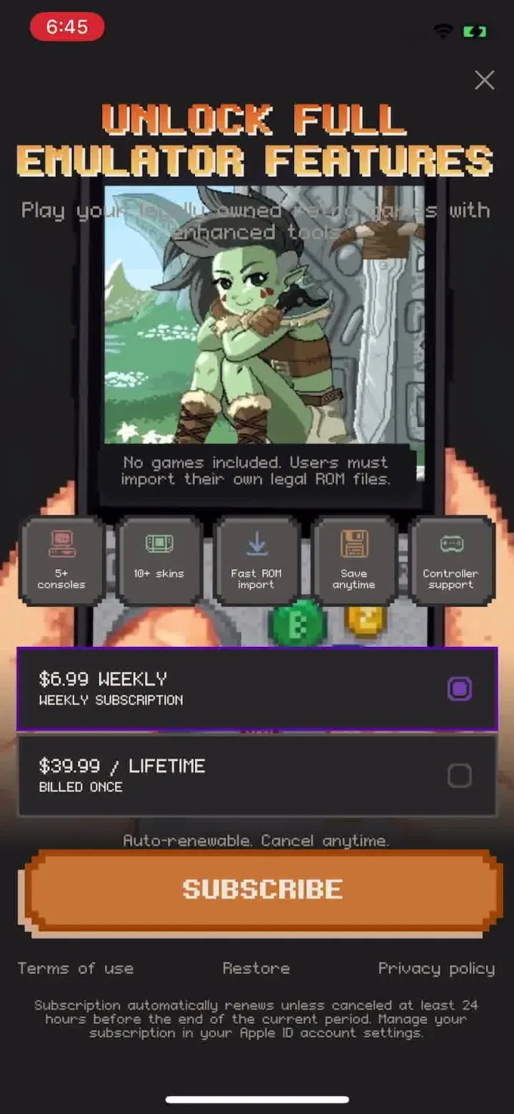 Retra - app console emulator paywall screenshot