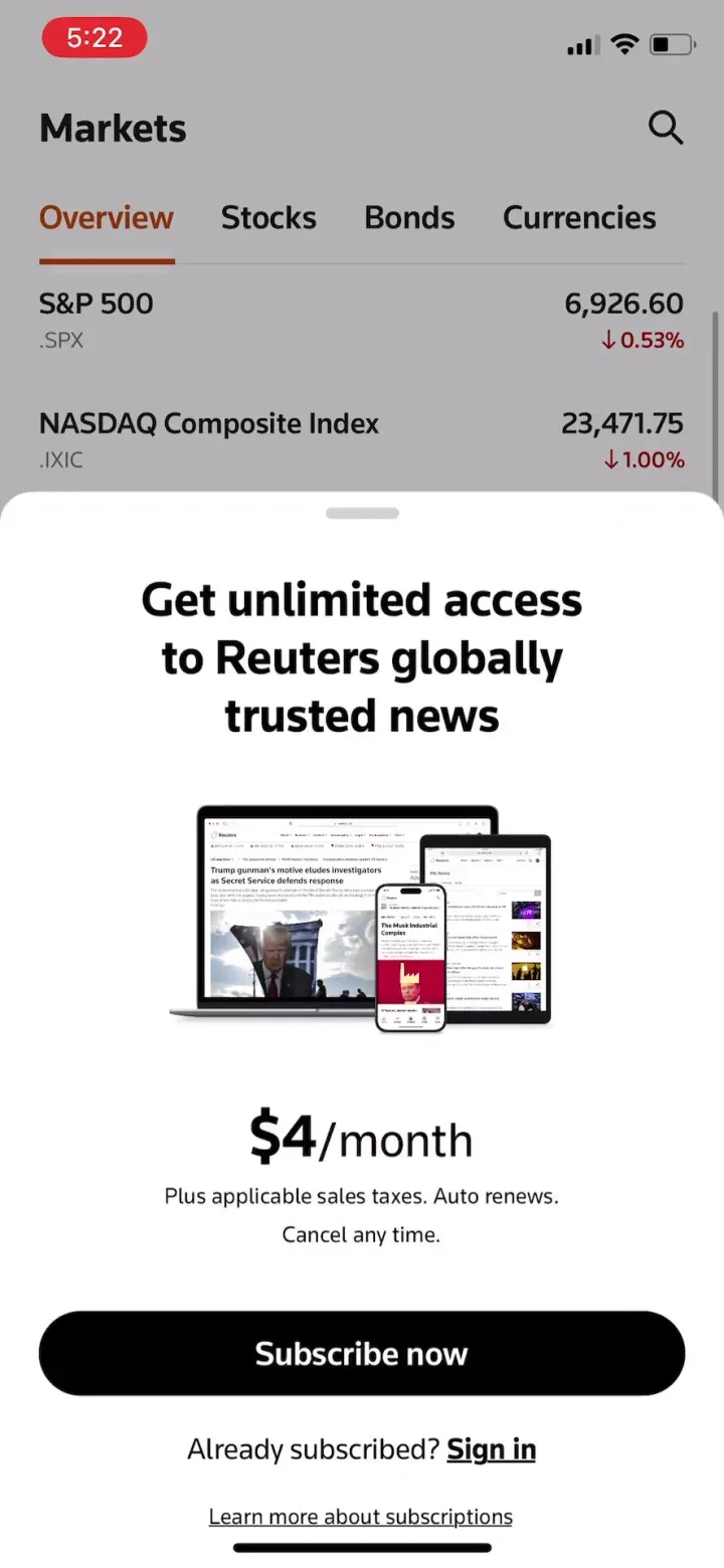 Reuters - Breaking World News paywall screenshot