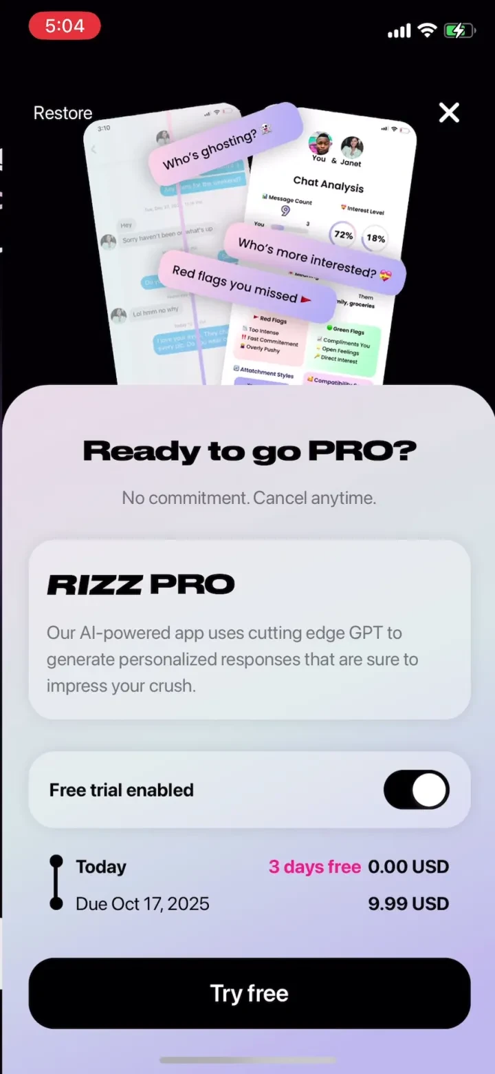 RIZZ paywall screenshot
