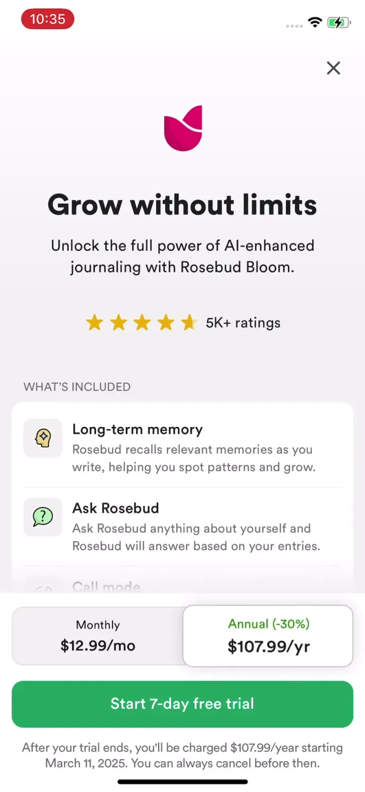 Rosebud: AI Journal & Diary paywall screenshot