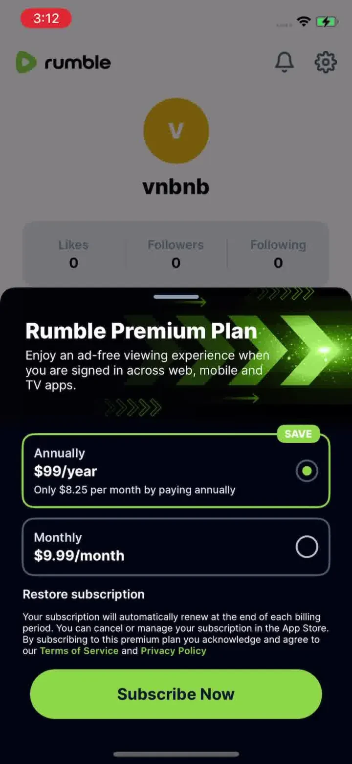Rumble: Livestreams & Videos paywall screenshot