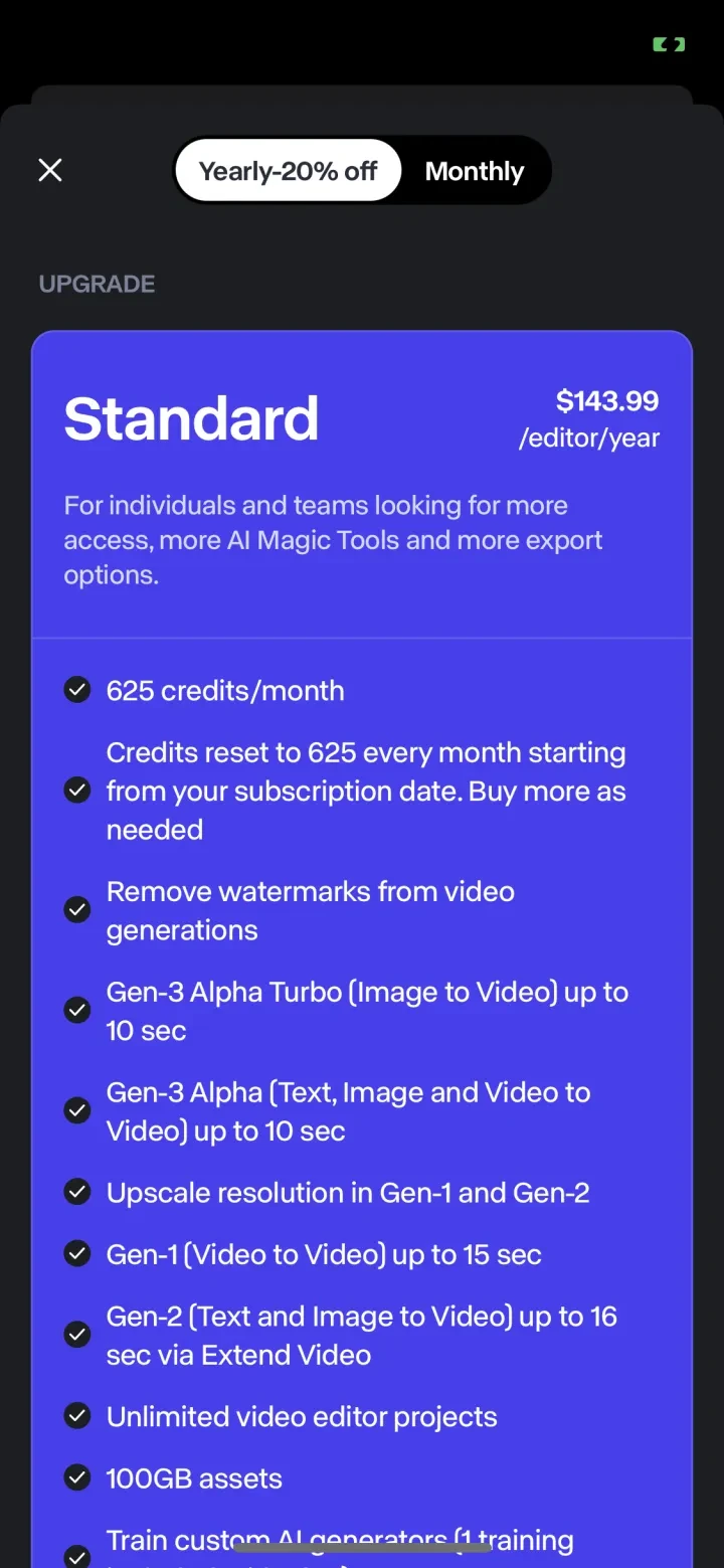 RunwayML paywall screenshot