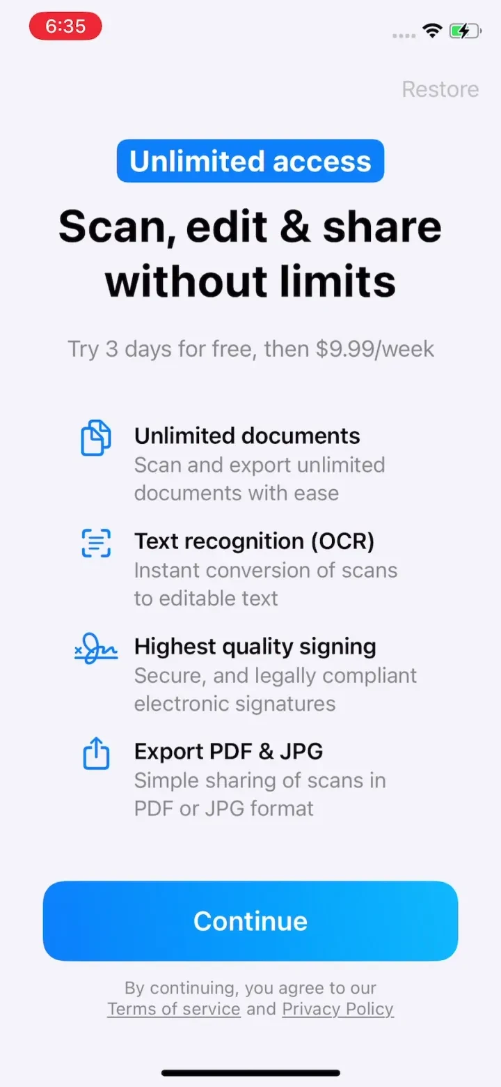 Scanner App. JPG, Photo to PDF paywall screenshot