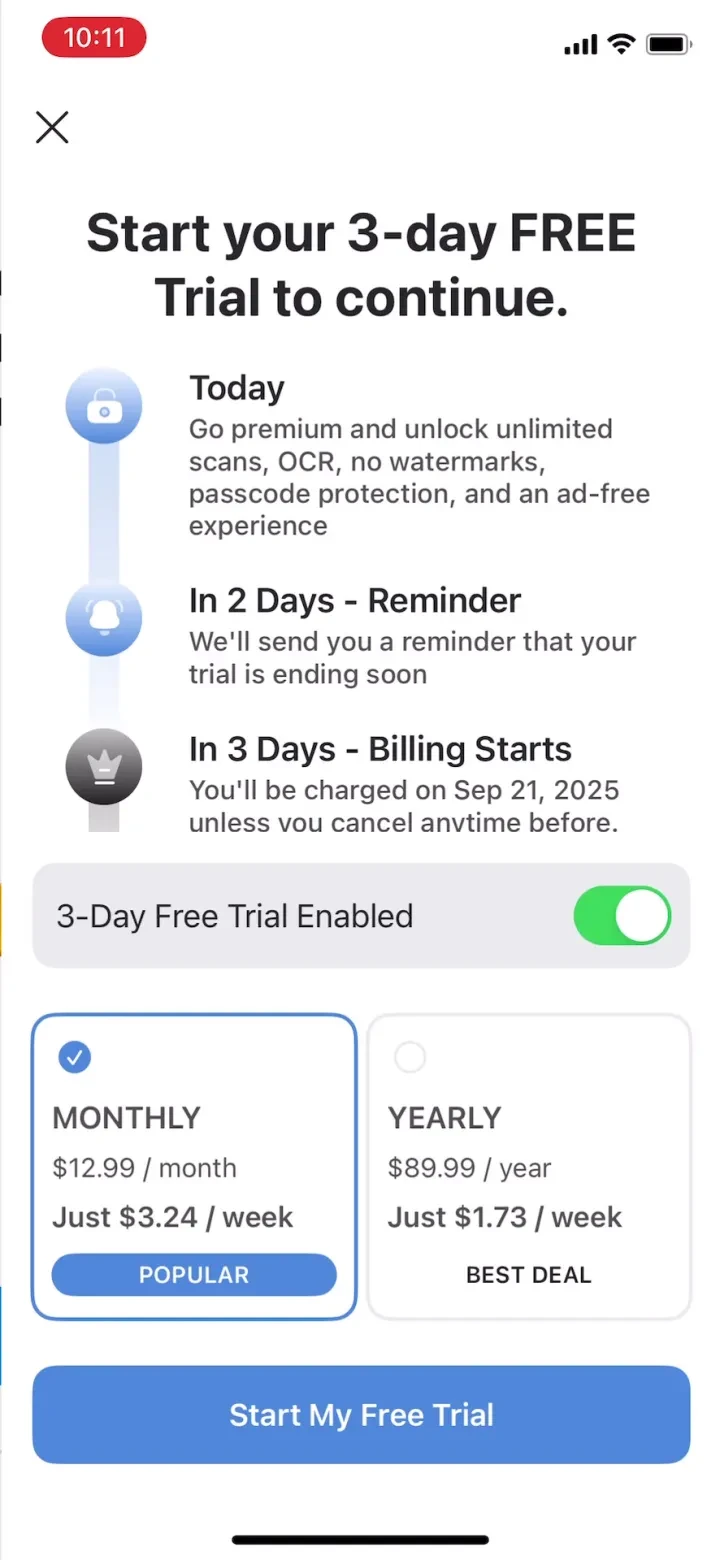 Scanner – Scan PDF & Document paywall screenshot