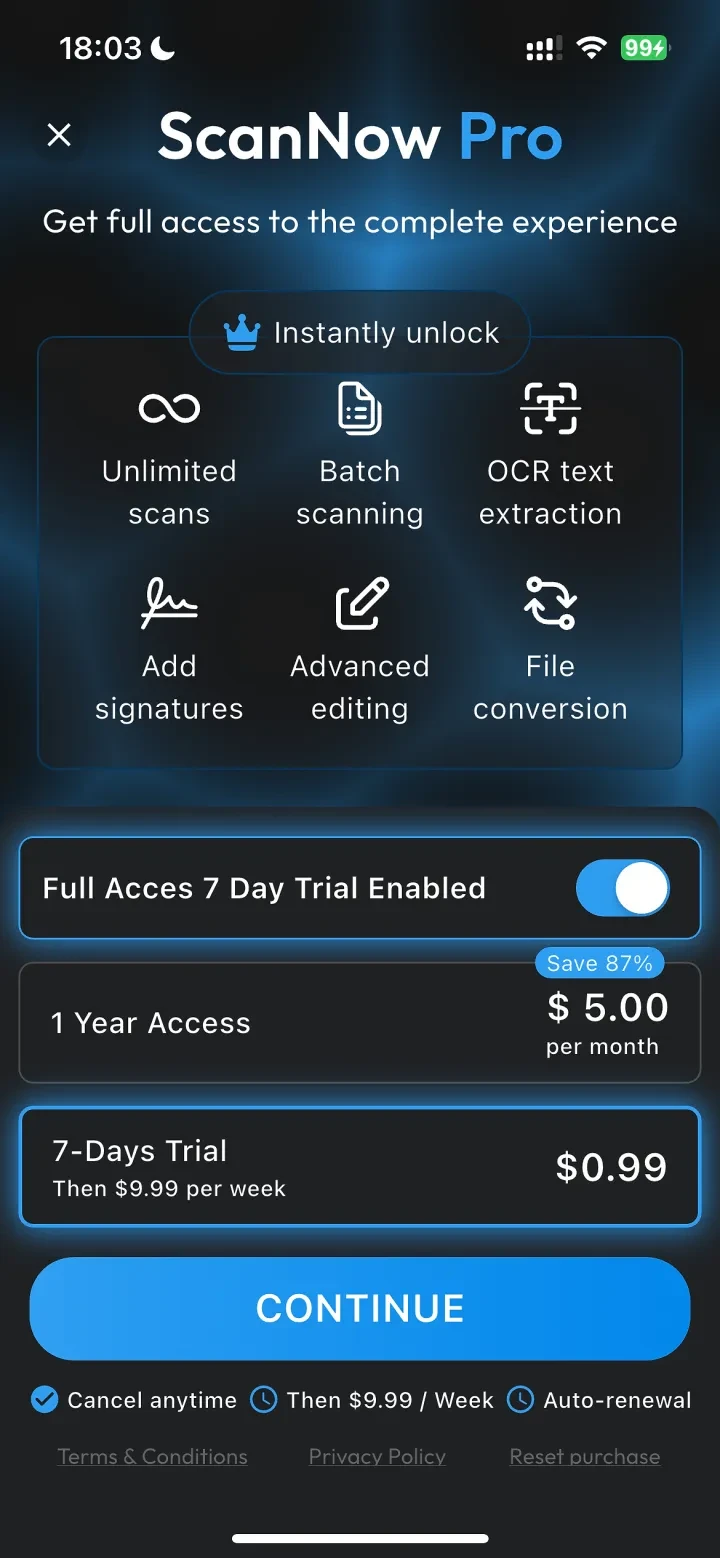 ScanNow: Convert PDF, JPG, Doc paywall screenshot