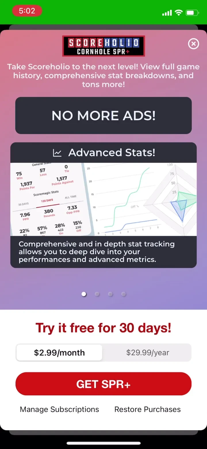 Scoreholio paywall screenshot