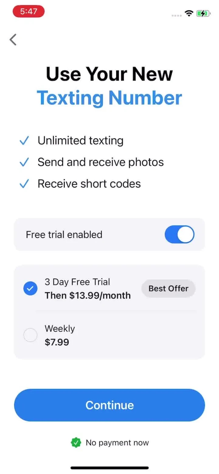 Second Texting Number paywall screenshot