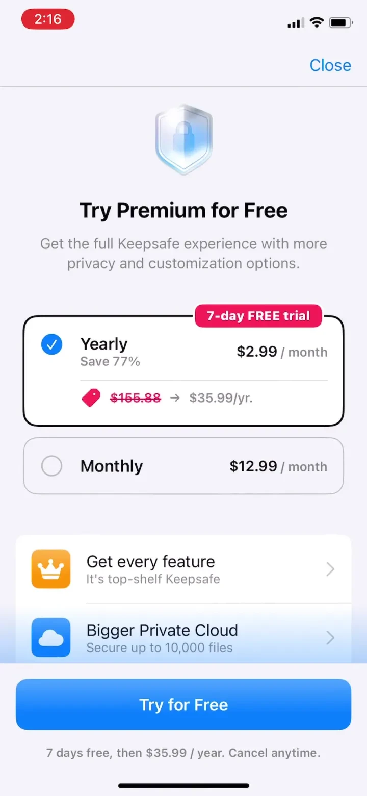Secret Photo Vault: Keepsafe paywall screenshot