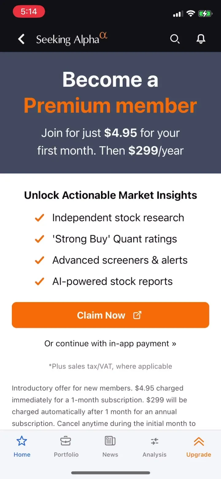 Seeking Alpha: News & Analysis paywall screenshot