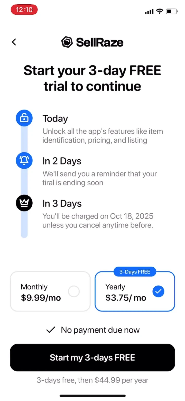 SellRaze: List, sell, earn paywall screenshot