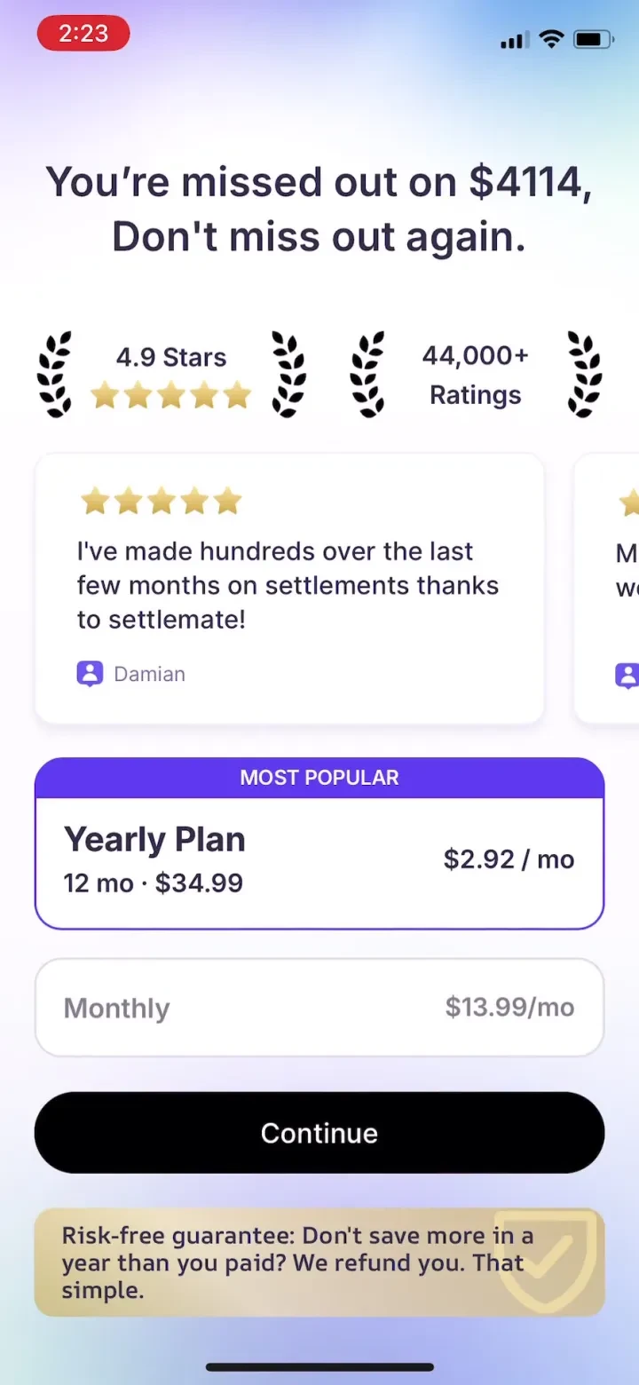 Settlemate: Claim Savings paywall screenshot