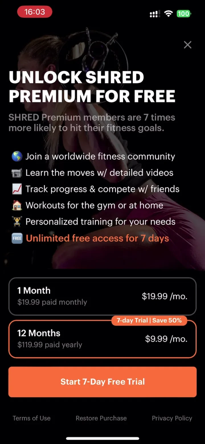 SHRED: Gym & Home Workouts paywall screenshot