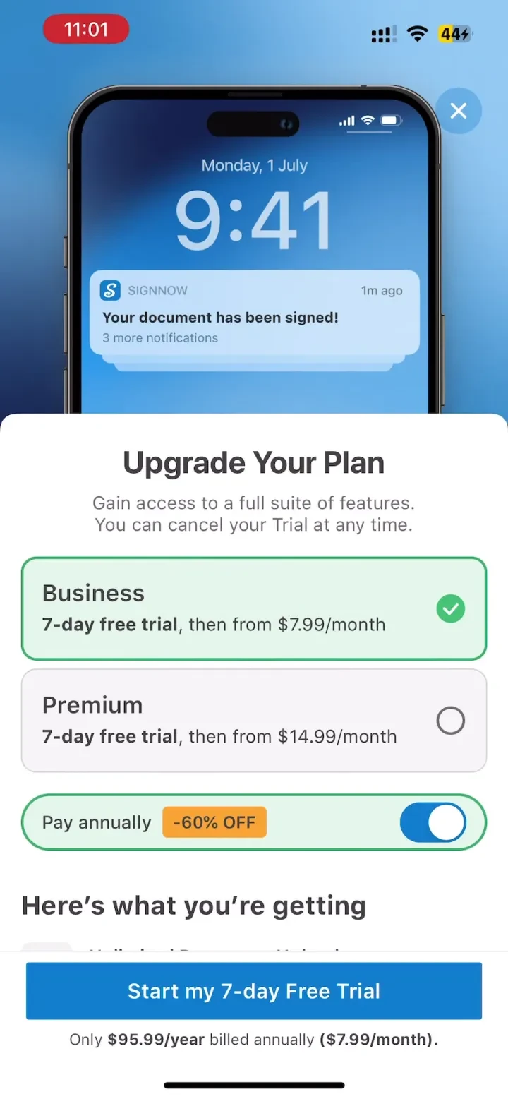 SignNow: e-Signature app paywall screenshot