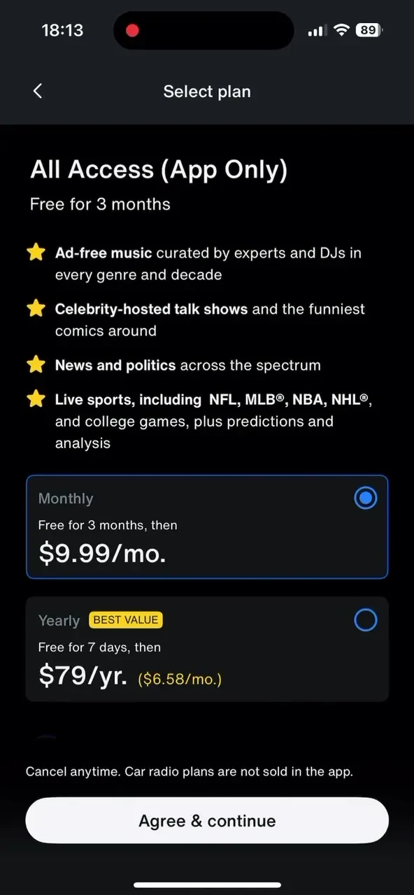 SiriusXM: Music, Sports & News paywall screenshot