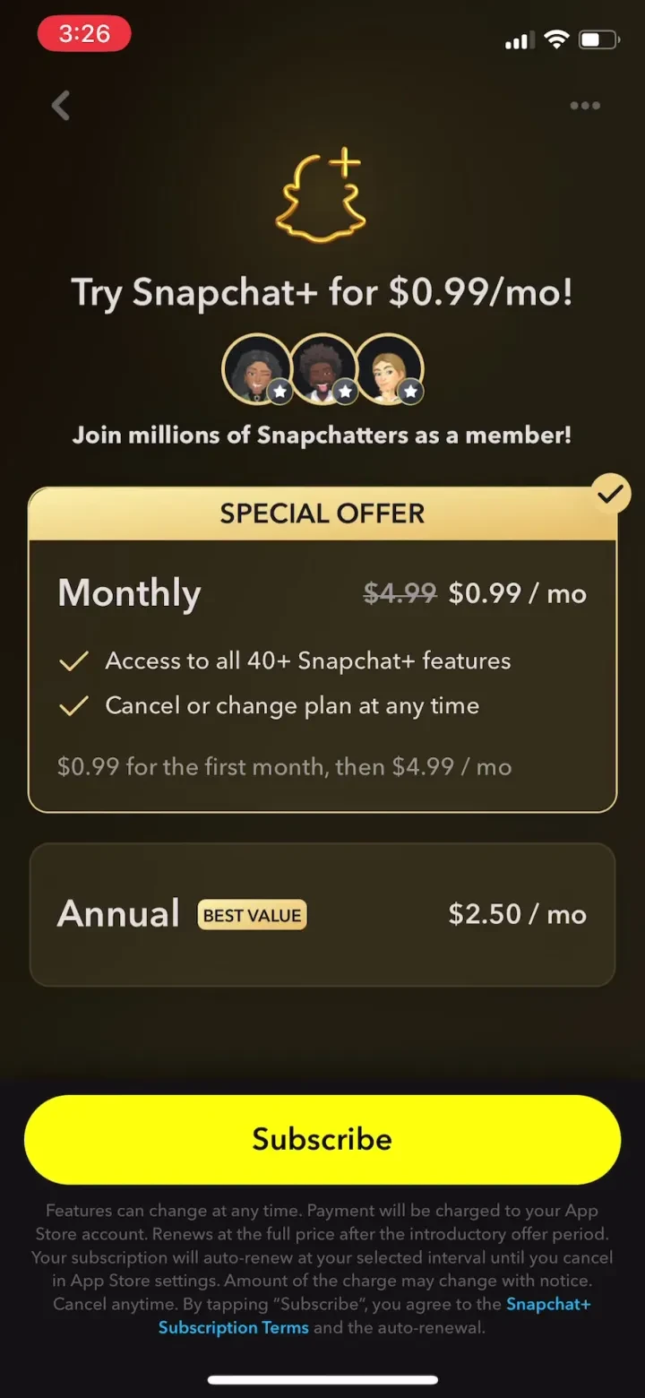 Snapchat paywall screenshot