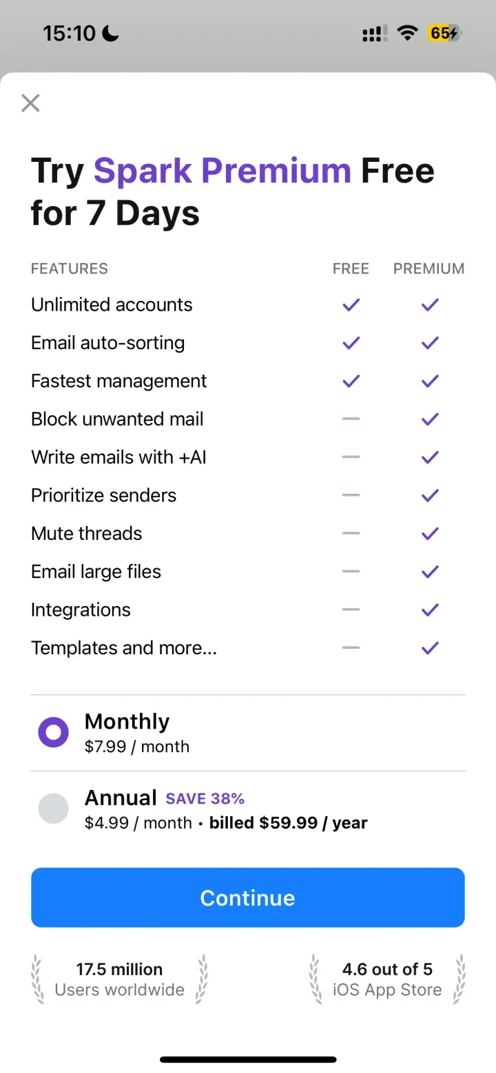 Spark Mail: AI Email Assistant paywall screenshot