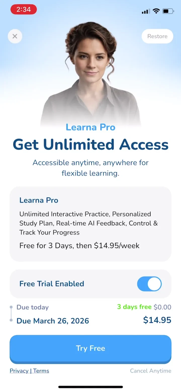 Speak & Learn English: Learna paywall screenshot
