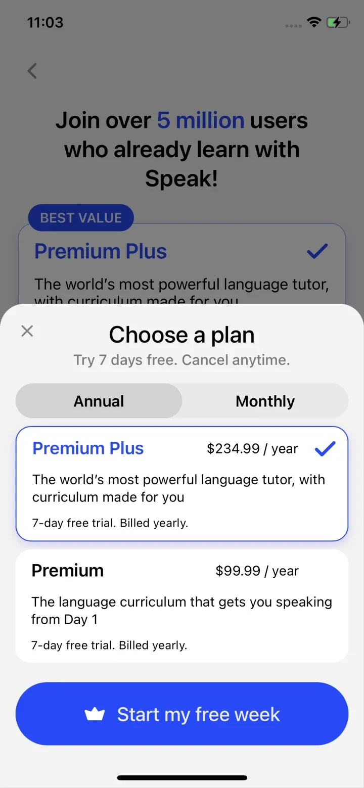 Speak: Language Learning paywall screenshot