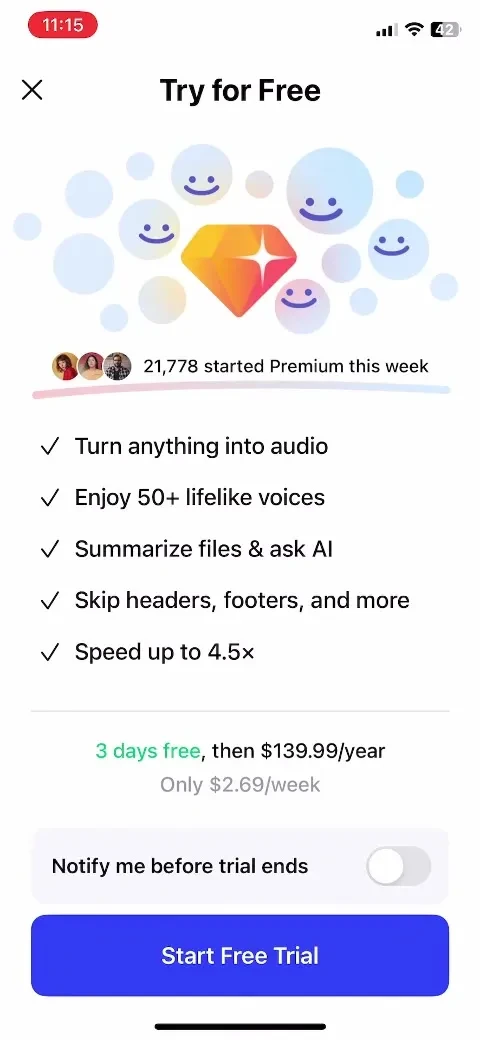 Speechify – Text to Speech PDF paywall screenshot