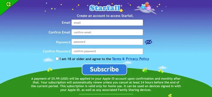 Starfall paywall screenshot