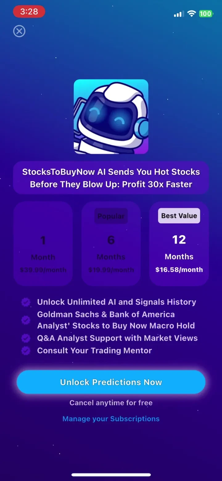 Stocks To Buy Now : AI Signals paywall screenshot