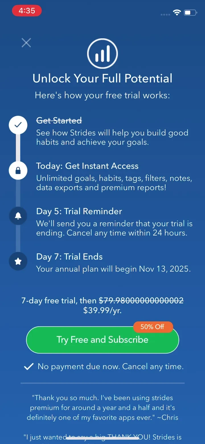 Strides: Habit Tracker + Goals paywall screenshot