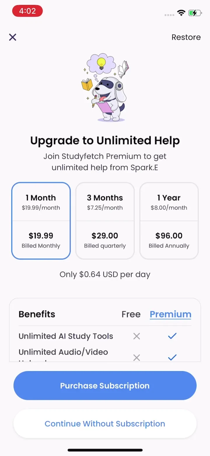 StudyFetch: Make Learning Easy paywall screenshot