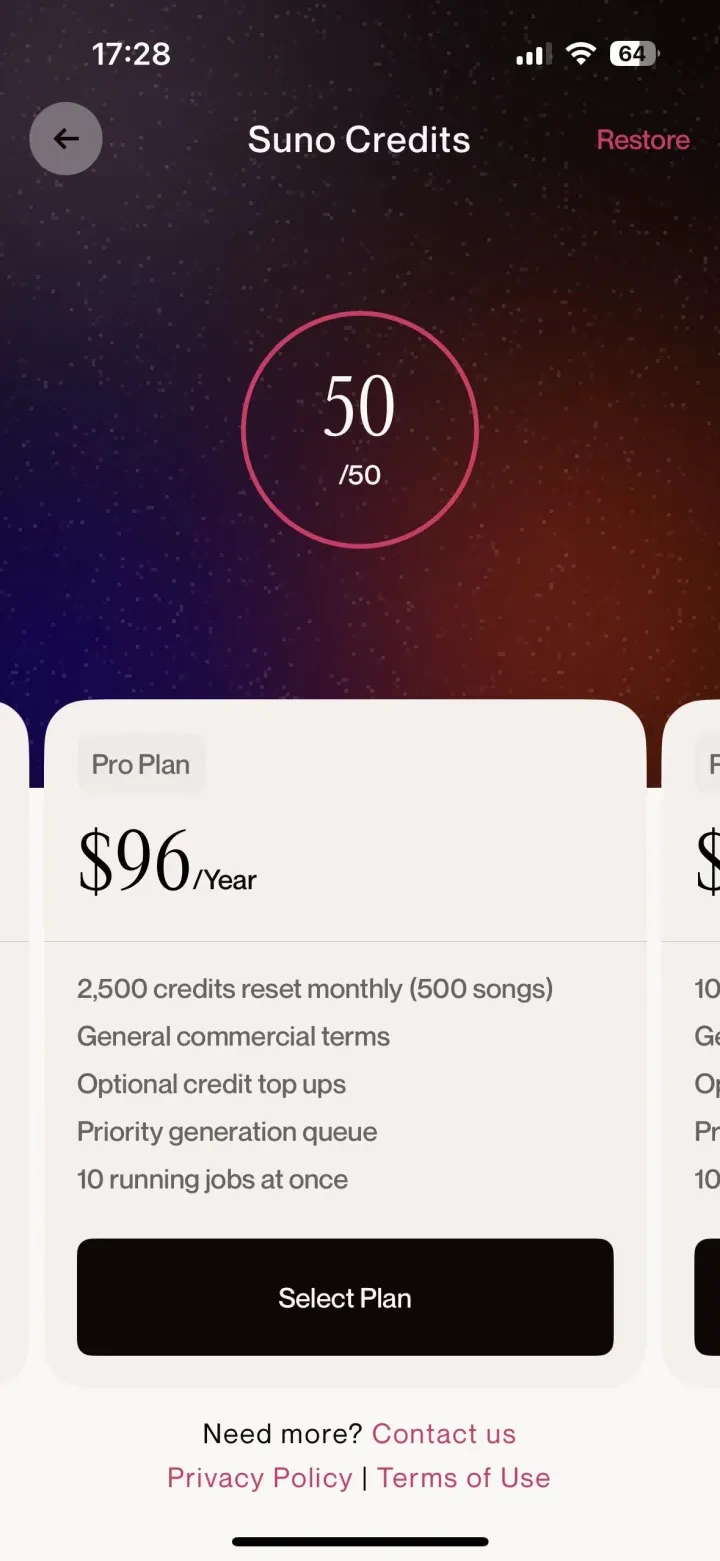 Suno - AI Songs, Music, Lyrics paywall screenshot