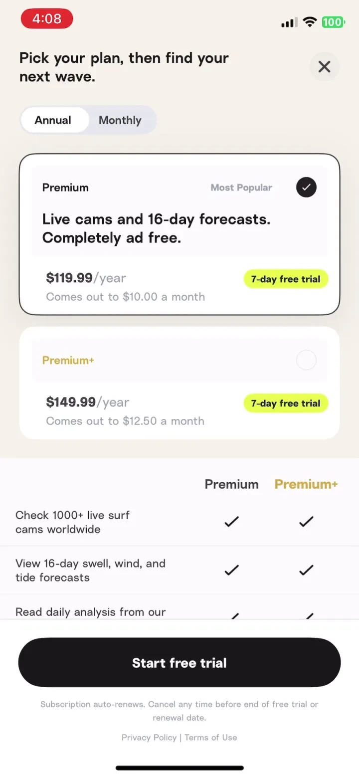 Surfline: Wave & Surf Reports paywall screenshot