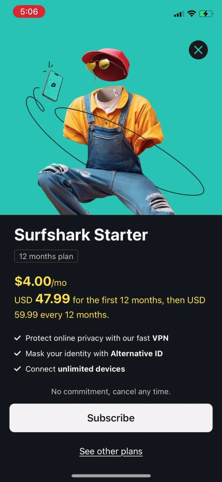 Surfshark VPN: Fast VPN App paywall screenshot