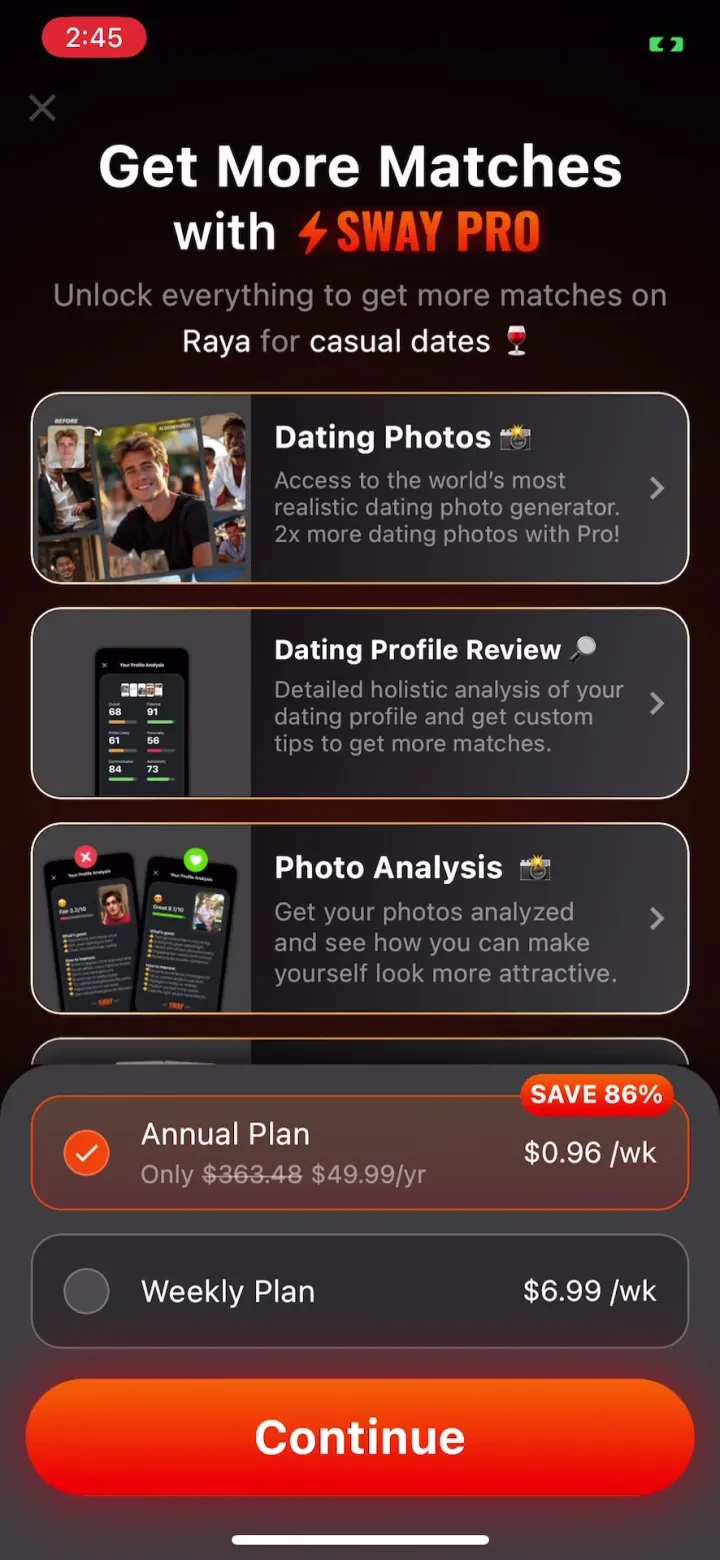 Sway AI: Dating App Assistant paywall screenshot